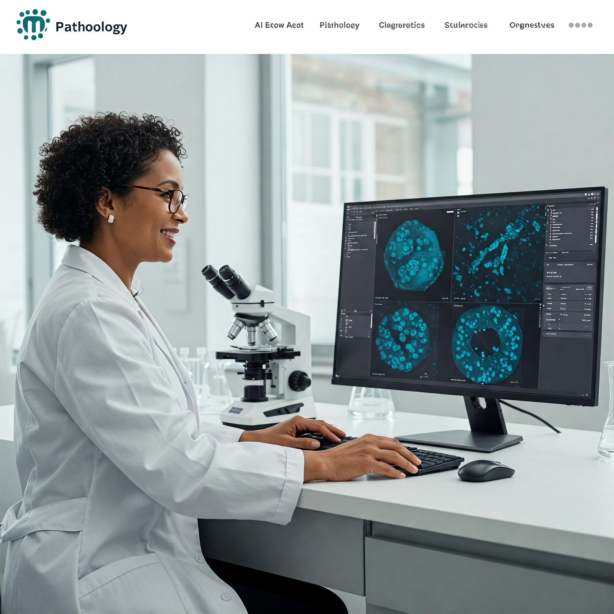 Pathologist analyzing digital slides on a computer with microscope